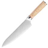 Home & Beyond Co stainless steel chef knife set with nine kitchen knives, including meat and fruit cutting tools, arranged on a countertop.