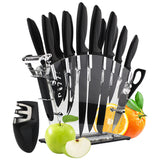 Set of stainless steel kitchen knives including chef's, bread, cheese, pizza, steak knives, and scissors by Home & Beyond Co.