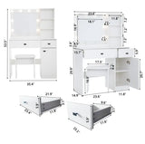 White vanity desk with mirror, three large drawers, adjustable lights, and three-tier storage for bedroom use.