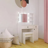 White vanity desk with mirror, three-tier storage drawers, adjustable bright LED lights, perfect for bedroom makeup setup.