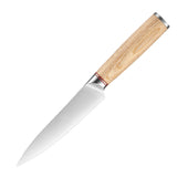 Home & Beyond Co stainless steel chef knife set with nine knives for cutting meat, fruit, and more in a modern kitchen.