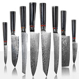 Damascus chef kitchen knife set by Home & Beyond Co, featuring multiple stainless steel knives with patterned blades.