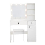 White home vanity desk with lights, large drawers, mirror, and adjustable brightness for bedroom makeup storage.