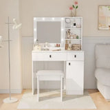 White vanity desk with three lights, large drawers, mirror, and three-level storage for bedroom makeup and beauty organization.