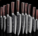 Home & Beyond Co carpenter's special 6-piece and 8-piece kitchen knife set with chef and cooking knives on a wooden surface.