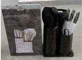 Home & Beyond Co kitchenware knife set with stainless steel blades and black handles on a wooden countertop.