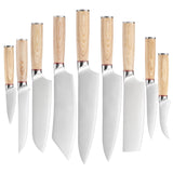Home & Beyond Co stainless steel 9-piece chef knife set with cutting, meat, and fruit knives displayed on a kitchen counter.