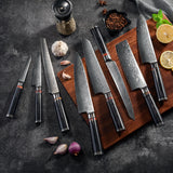 Damascus chef kitchen knife set with multiple knives, featuring patterned blades and ergonomic handles for precise cooking tasks.