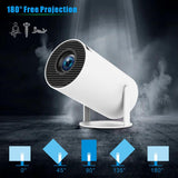 Portable projector from Home & Beyond Co showing a projection screen with colorful images in a modern living room setting.