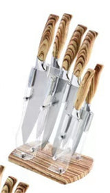 Home & Beyond Co kitchenware knife set with stainless steel blades and black handles on a wooden countertop.