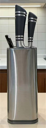 Home & Beyond Co kitchenware knife set with stainless steel knives and black handles on a wooden countertop