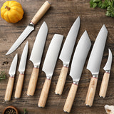 Set of nine stainless steel kitchen knives from Home & Beyond Co, including chef, slicing, and utility knives for meat and fruit.