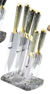 Home & Beyond Co kitchenware knife set with stainless steel blades and black handles displayed on a wooden countertop.