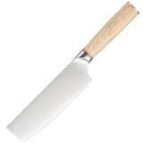 Home & Beyond Co stainless steel chef knife set with 9 pieces, including meat and fruit cutting knives in a modern kitchen display.