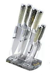 Home & Beyond Co kitchenware knife set with stainless steel blades and black handles, displayed on a wooden countertop.