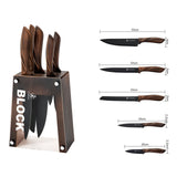 Stainless steel kitchen knife set by Home & Beyond Co, including chef knives and utensils on a wooden cutting board.