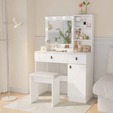 White vanity desk with adjustable brightness lights, large mirror, three drawers, and three-tier storage, ideal for bedroom makeup use.