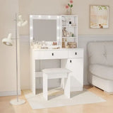 White vanity desk with adjustable lights, large drawers, mirror, and three-tier storage for bedroom makeup organization.