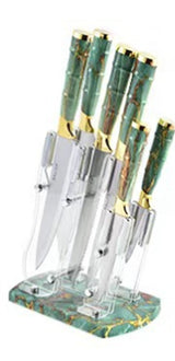 Home & Beyond Co kitchenware knife set with stainless steel blades and wooden handles on a countertop.